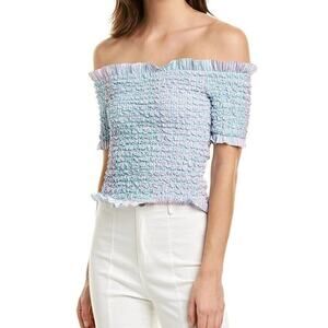Petersyn Kinsey Top Ruffle Smocked Off The Shoulder Blue Pink Vacation XS NWT